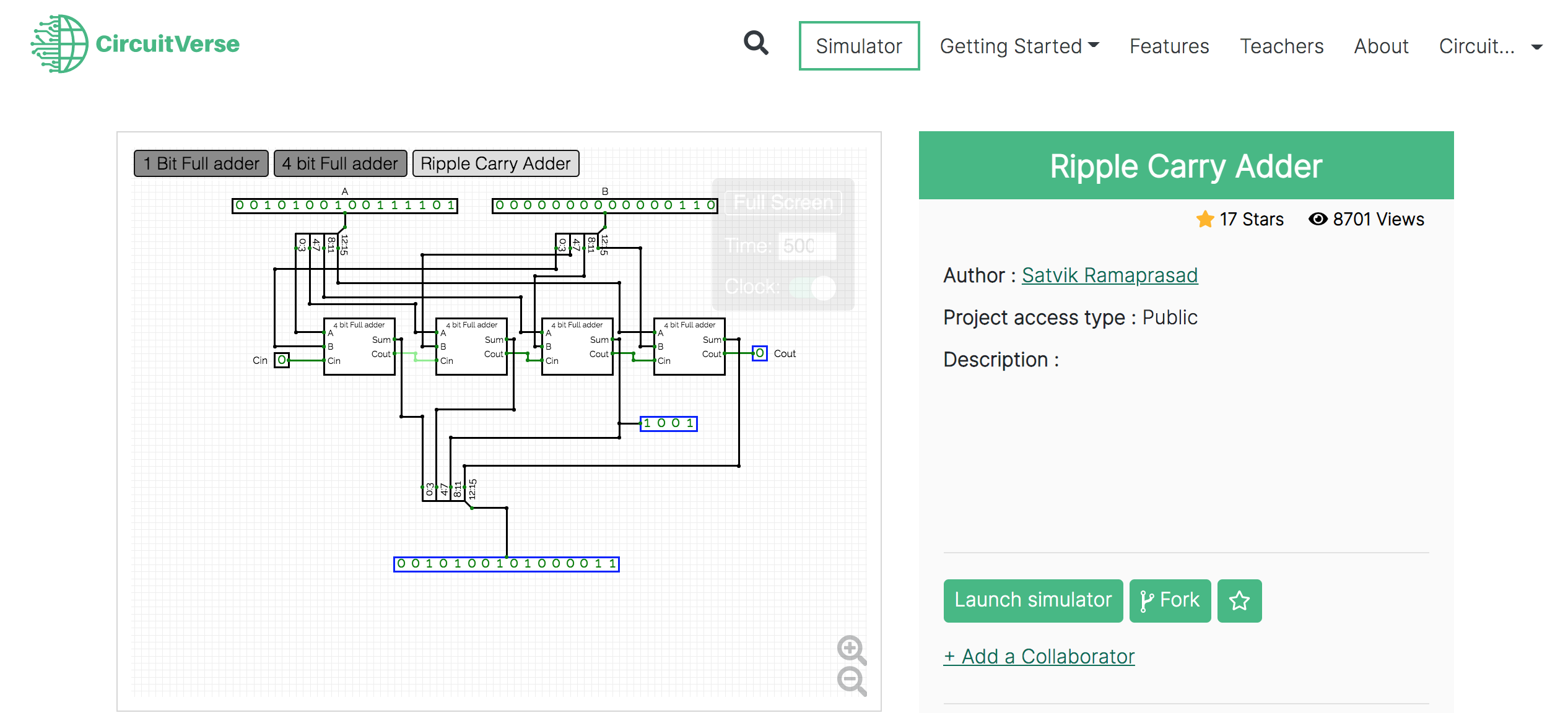 Ripple Carry Adder simulation showing input bits, full adder components, sum outputs, and carry chain in the CircuitVerse simulator
