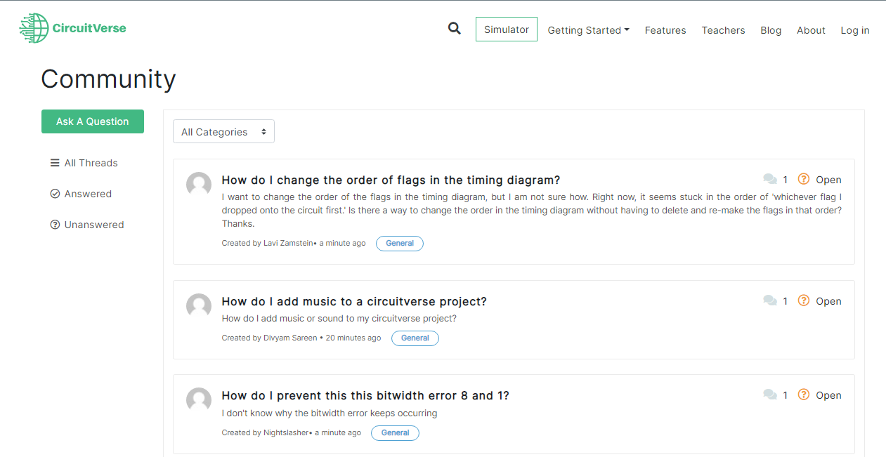 CircuitVerse community forum showing discussion threads and collaboration features for digital logic design topics