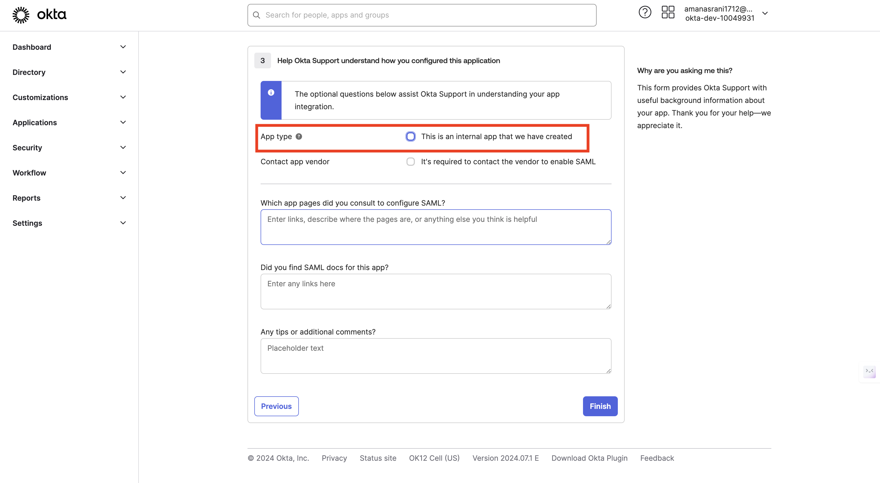 Click "Next" and select "I'm an Okta customer adding an internal app"